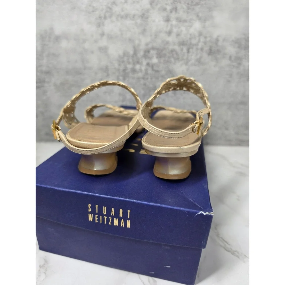 Stuart Weitzman Vintage Abloom Sand Metal Madras Gold Macrame Wedge Sandals 6M